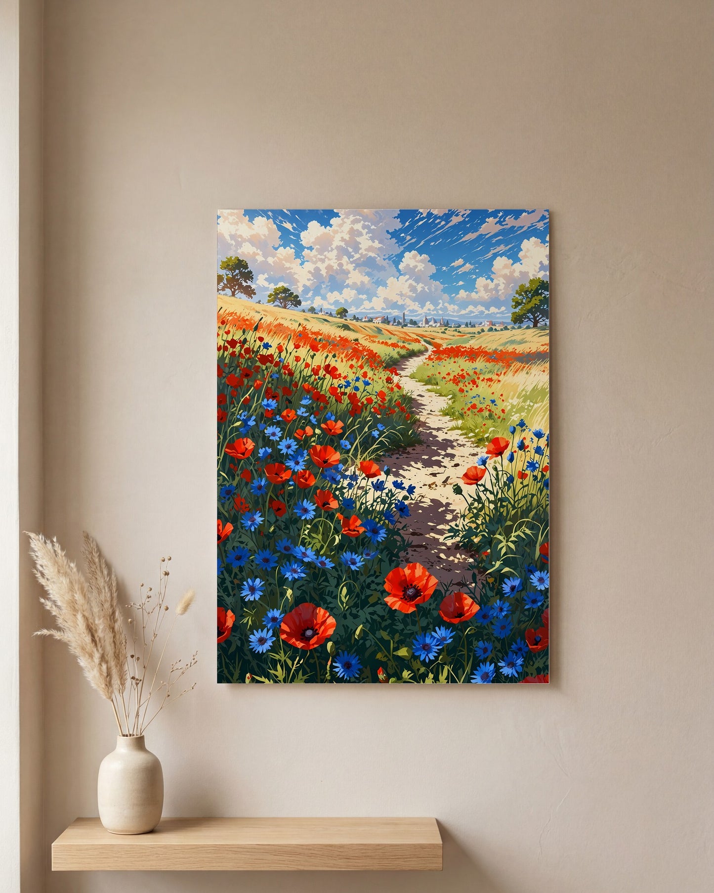 Affiche Champ de Pavots et Bleuets, mockup sur un mur epure, Muchimura