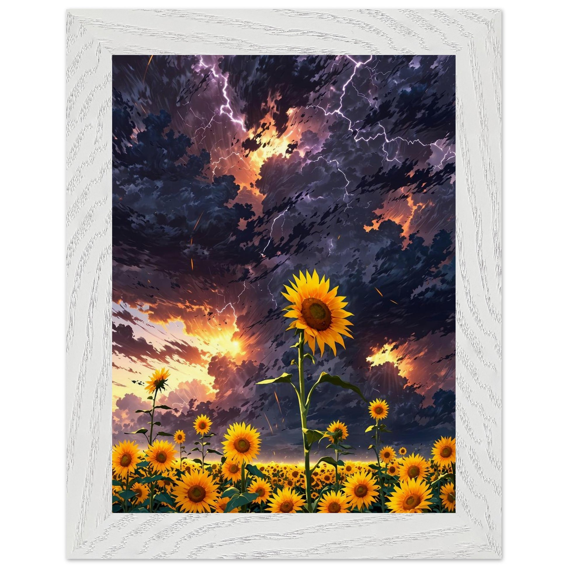 Affiche Champ de tournesols géants Encadrée, cadre blanc 15x20 cm