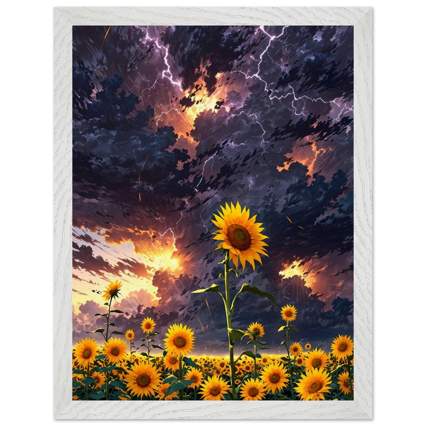 Affiche Champ de tournesols géants Encadrée, cadre blanc 30x40 cm