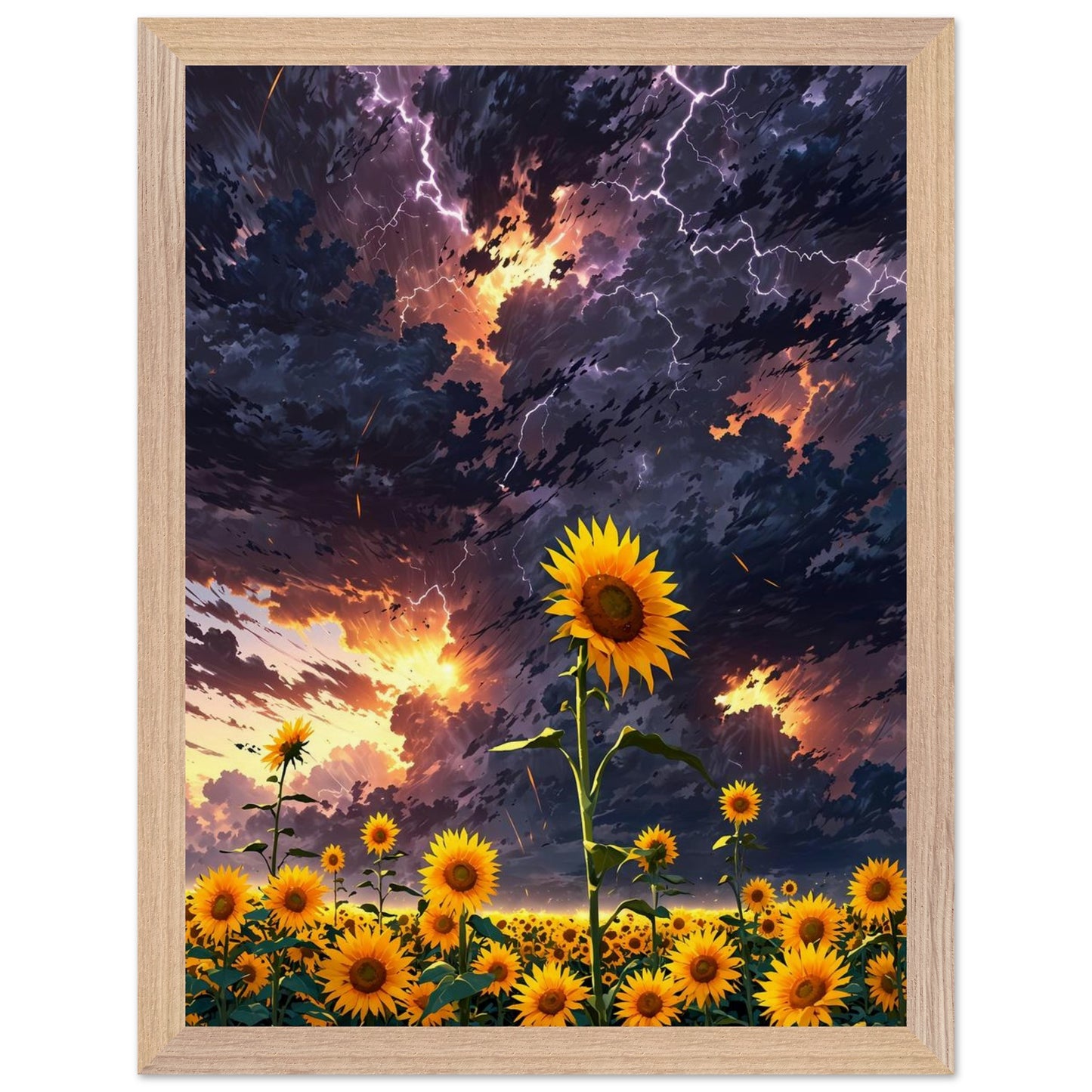 Affiche Champ de tournesols géants Encadrée, cadre bois 30x40 cm