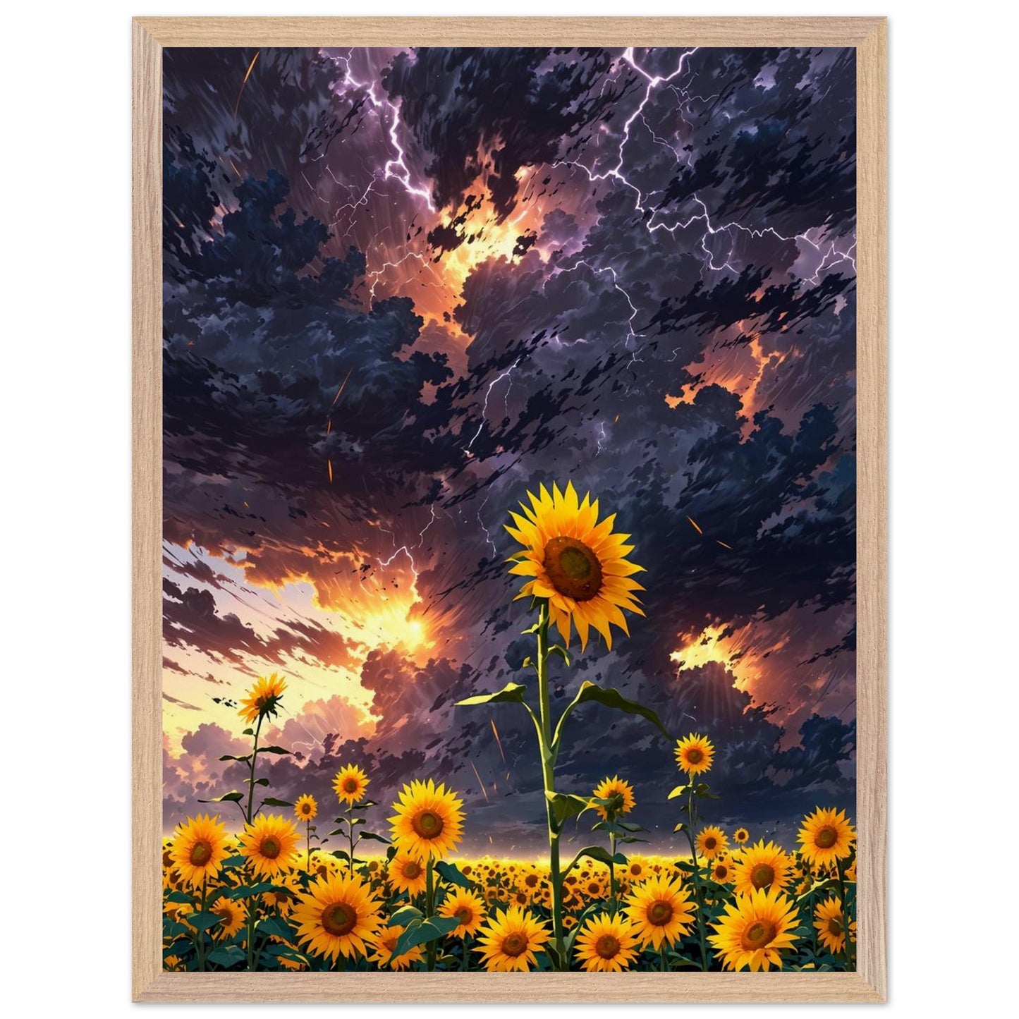 Affiche Champ de tournesols géants Encadrée, cadre bois 45x60 cm