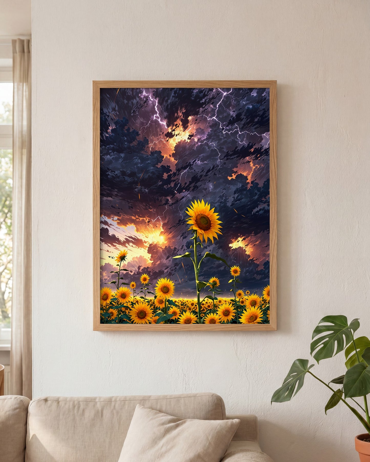Affiche Champ de tournesols géants Encadrée, mockup en situation dans un interieur, Muchimura