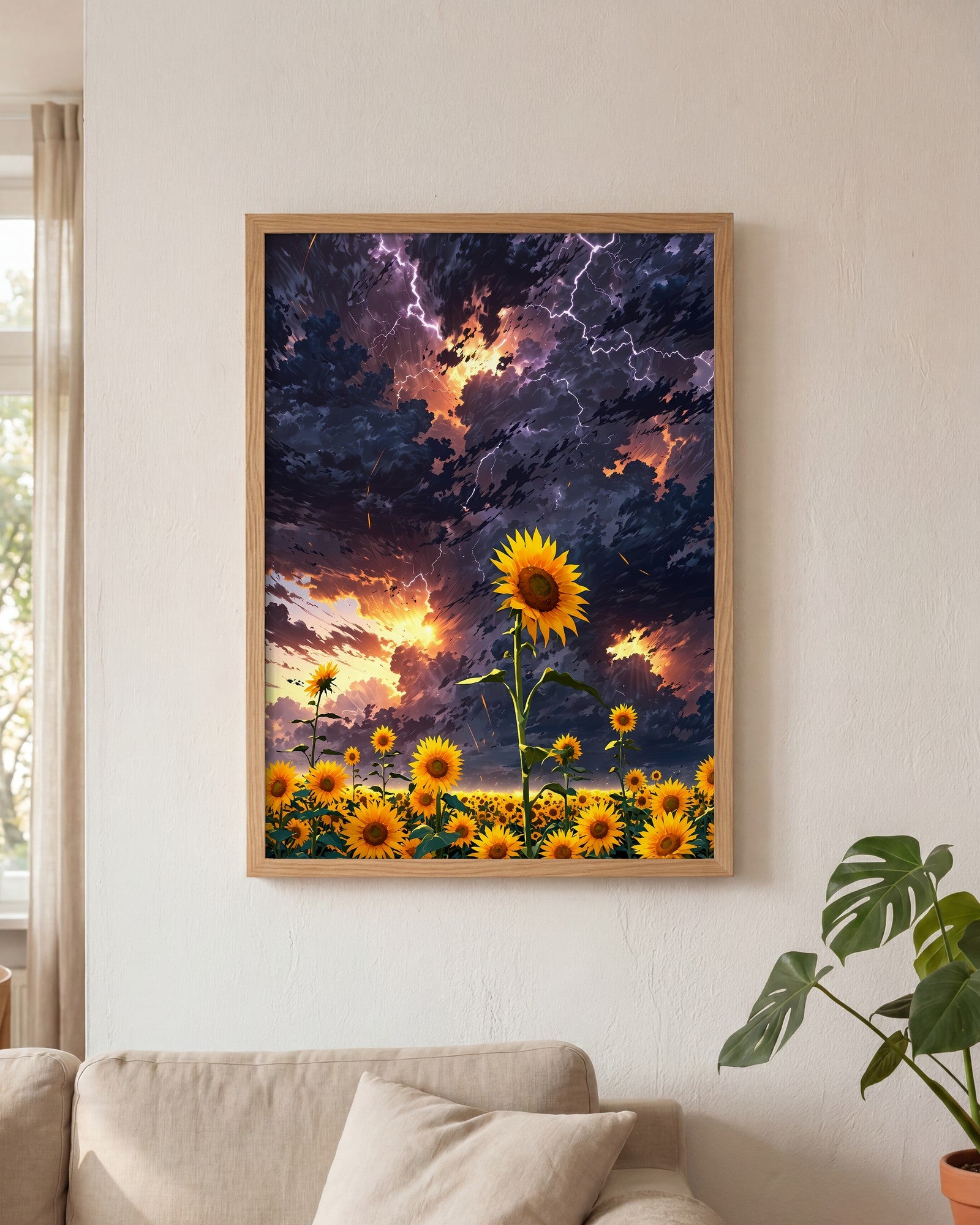 Affiche Champ de tournesols géants Encadrée, mockup en situation dans un interieur, Muchimura