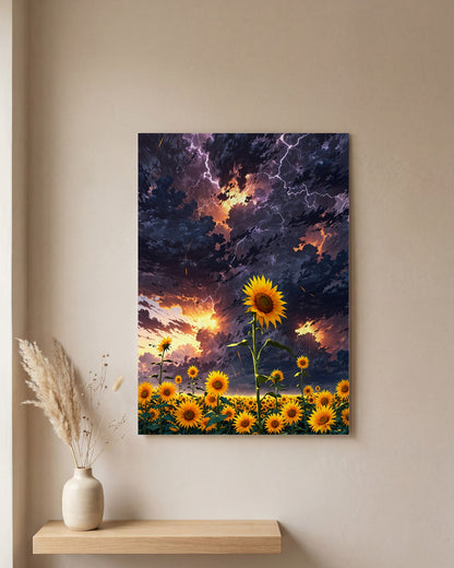 Affiche Champ de Tournesols Géants, mockup sur un mur epure, Muchimura
