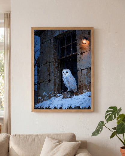 Affiche Chouette effraie Encadrée, mockup en situation dans un interieur, Muchimura