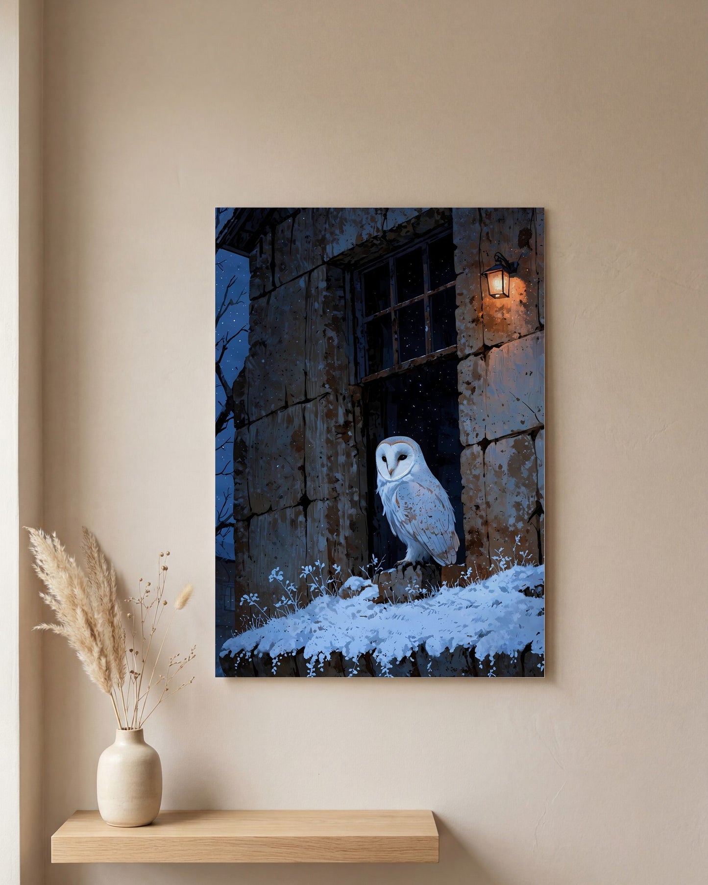 Affiche Chouette Effraie, mockup sur un mur epure, Muchimura