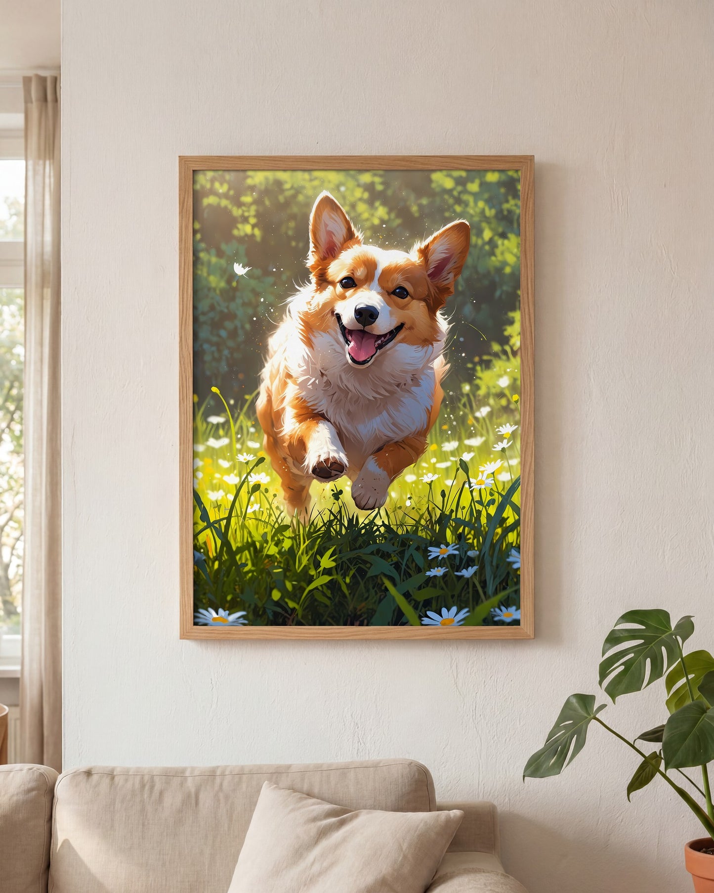 Affiche Corgi roux Encadrée, mockup en situation dans un interieur, Muchimura