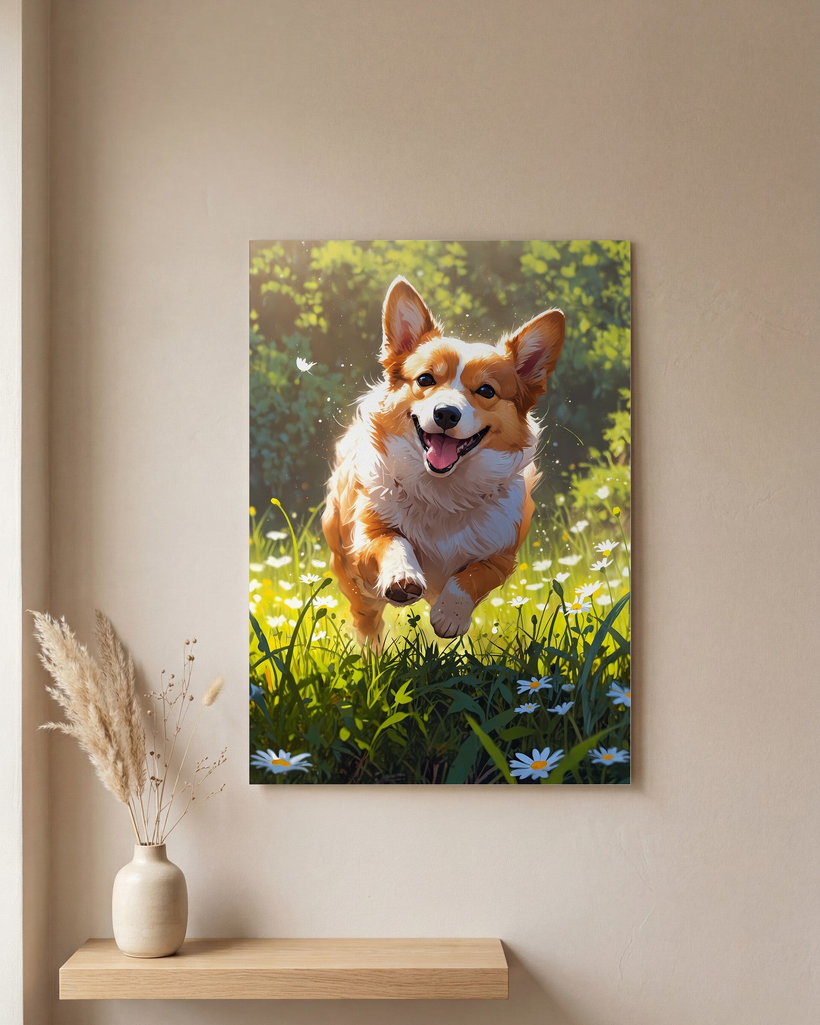 Affiche Corgi Roux, mockup sur un mur epure, Muchimura
