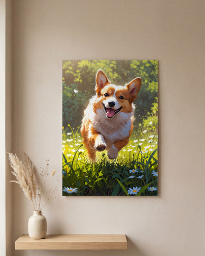 Affiche Corgi Roux, mockup sur un mur epure, Muchimura