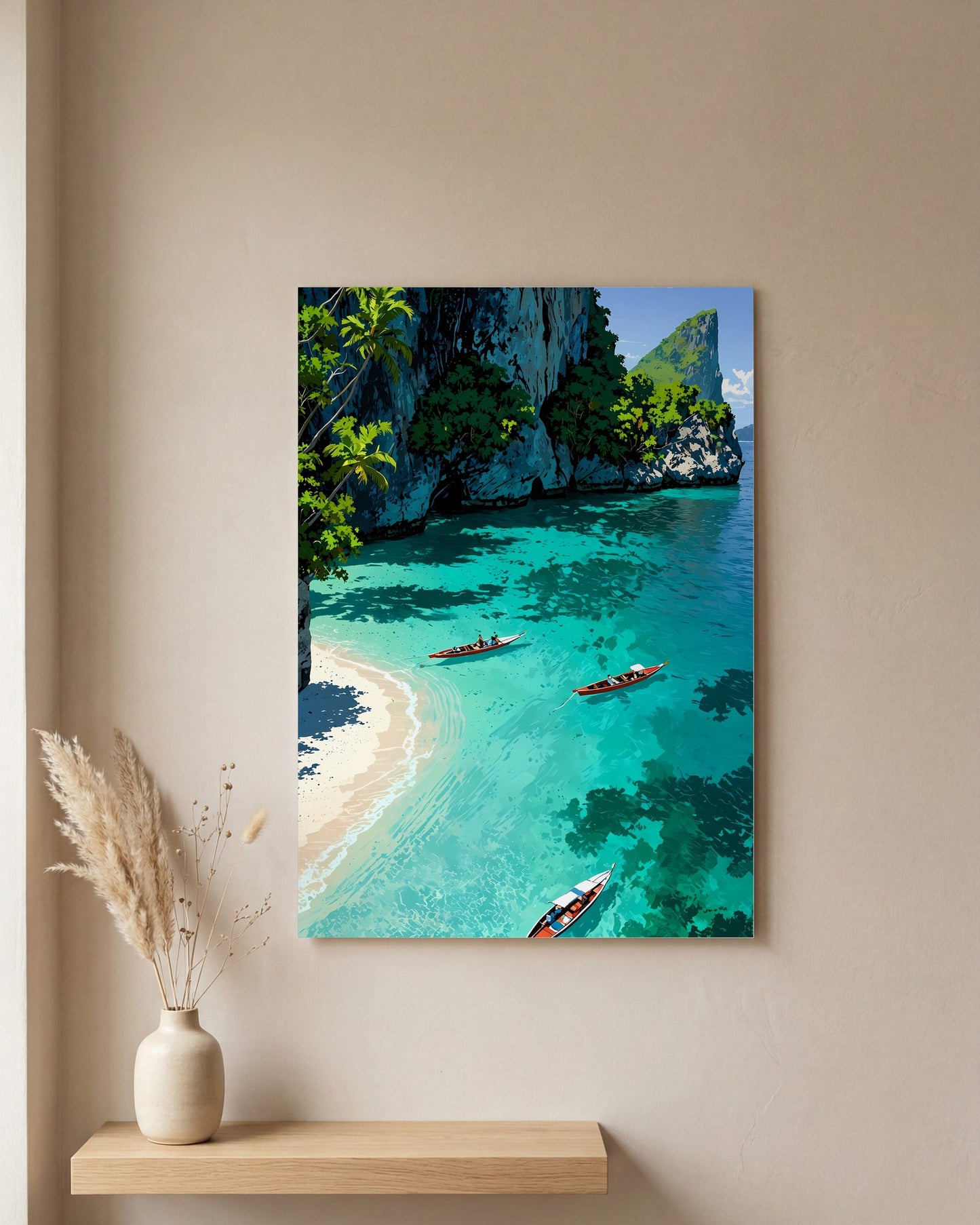 Affiche Crique de Phi Phi, mockup sur un mur epure, Muchimura