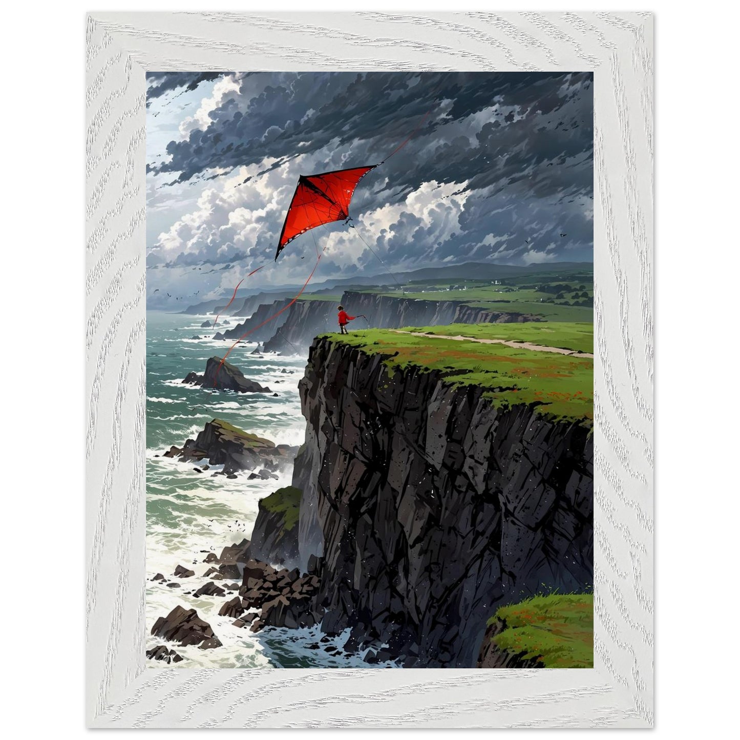Affiche Enfant et cerf-volant Encadrée, cadre blanc 15x20 cm