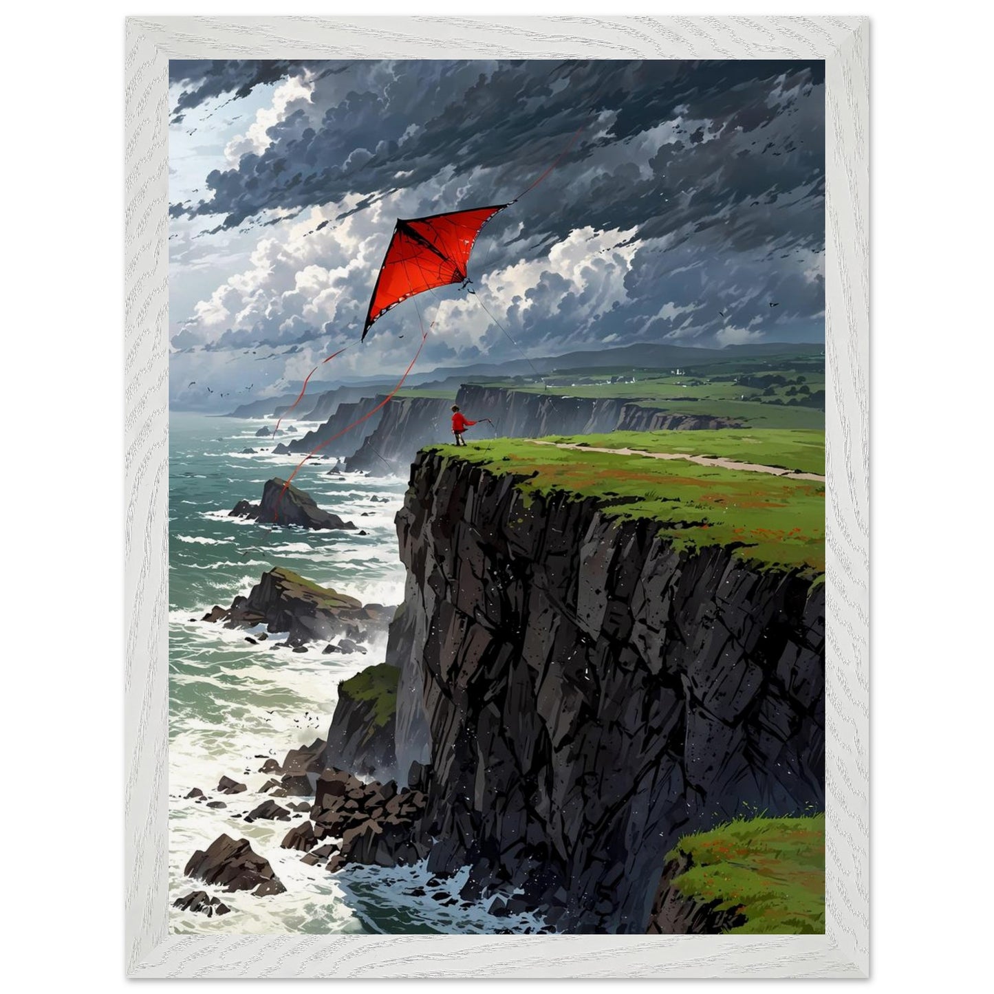 Affiche Enfant et cerf-volant Encadrée, cadre blanc 30x40 cm