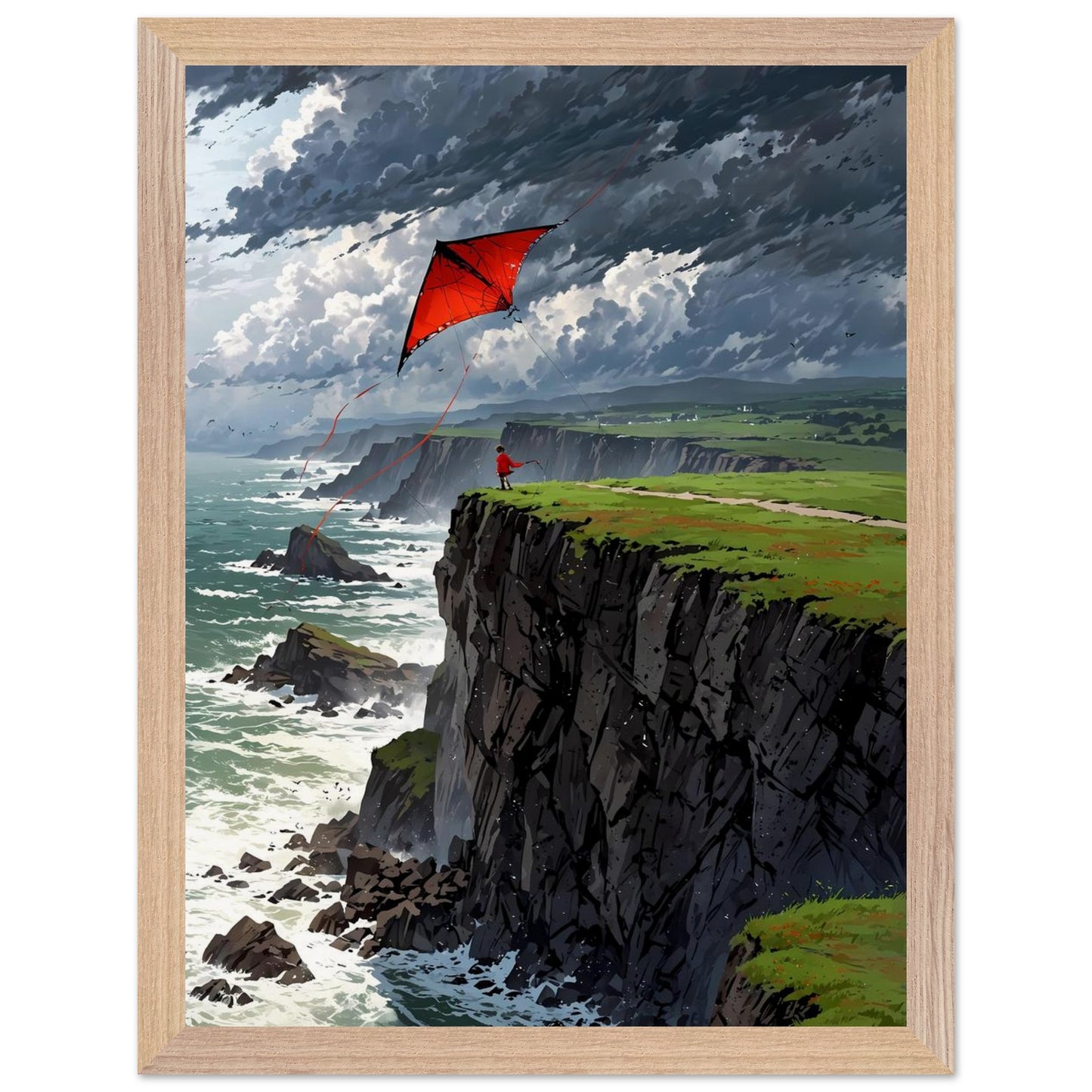 Affiche Enfant et cerf-volant Encadrée, cadre bois 30x40 cm
