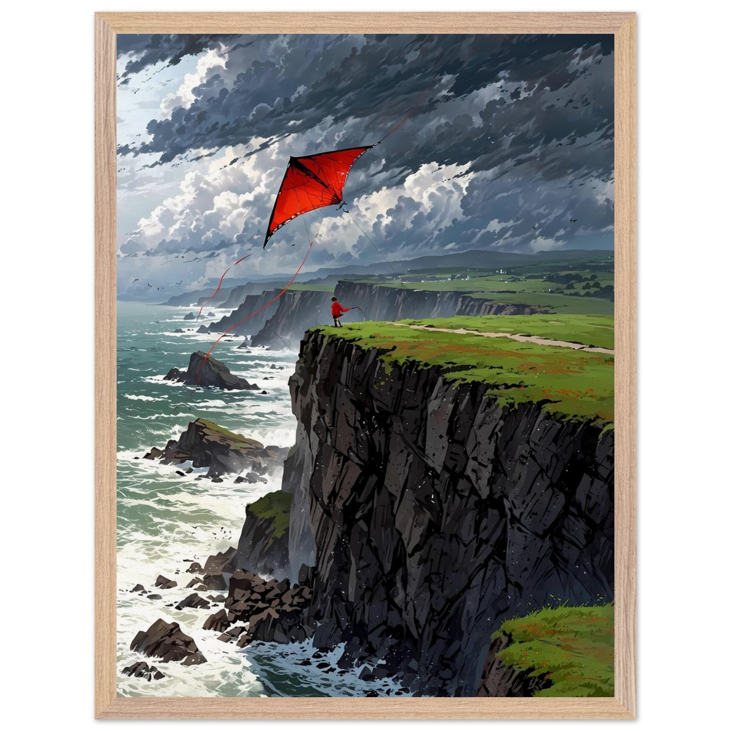 Affiche Enfant et cerf-volant Encadrée, cadre bois 45x60 cm