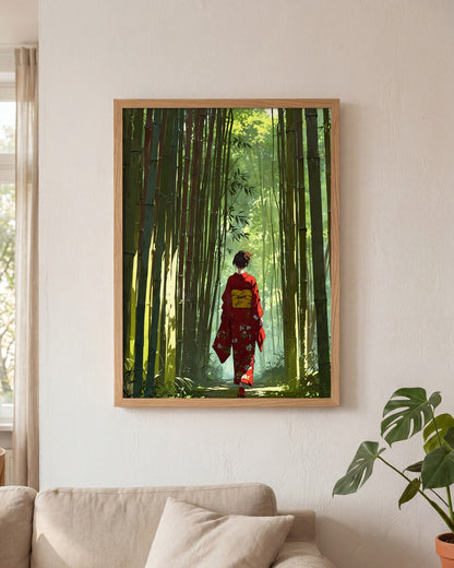Affiche Femme en kimono Encadrée, mockup en situation dans un interieur, Muchimura