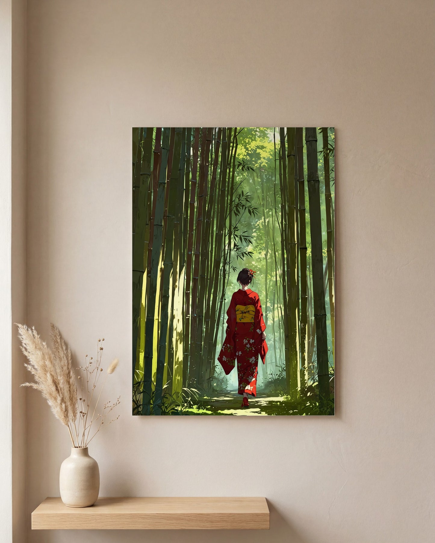 Affiche Femme en Kimono, mockup sur un mur epure, Muchimura