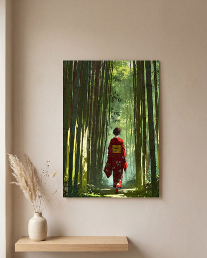 Affiche Femme en Kimono, mockup sur un mur epure, Muchimura