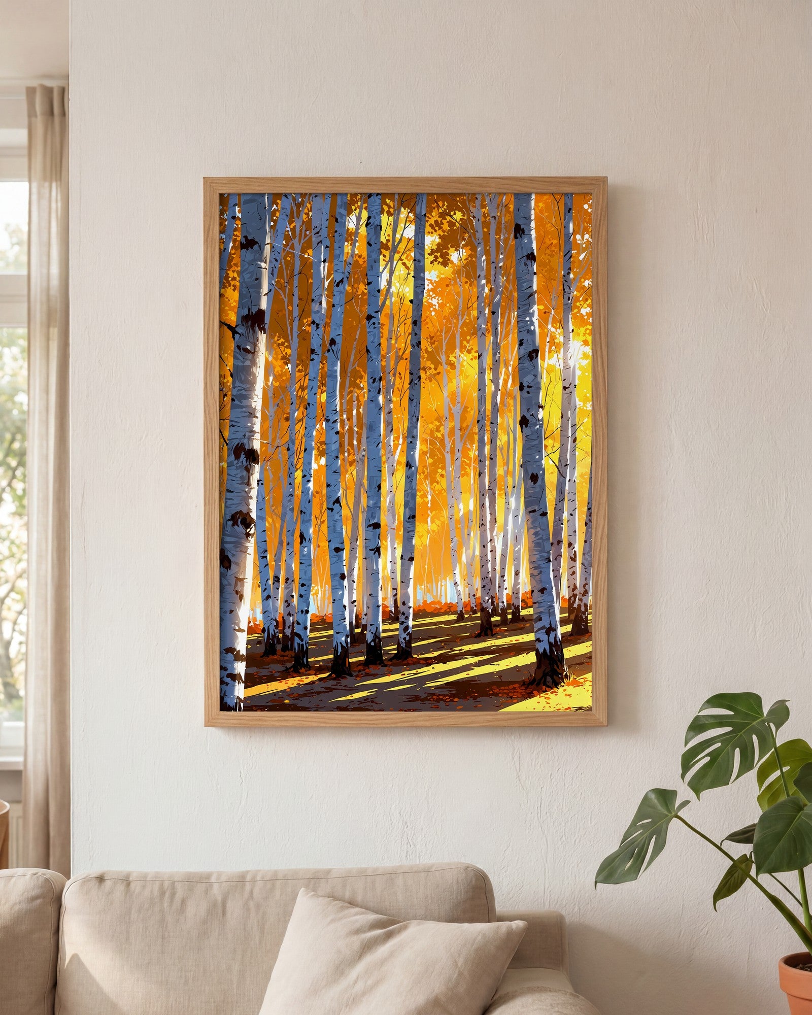 Affiche Forêt de bouleaux en automne Encadrée, mockup en situation dans un interieur, Muchimura