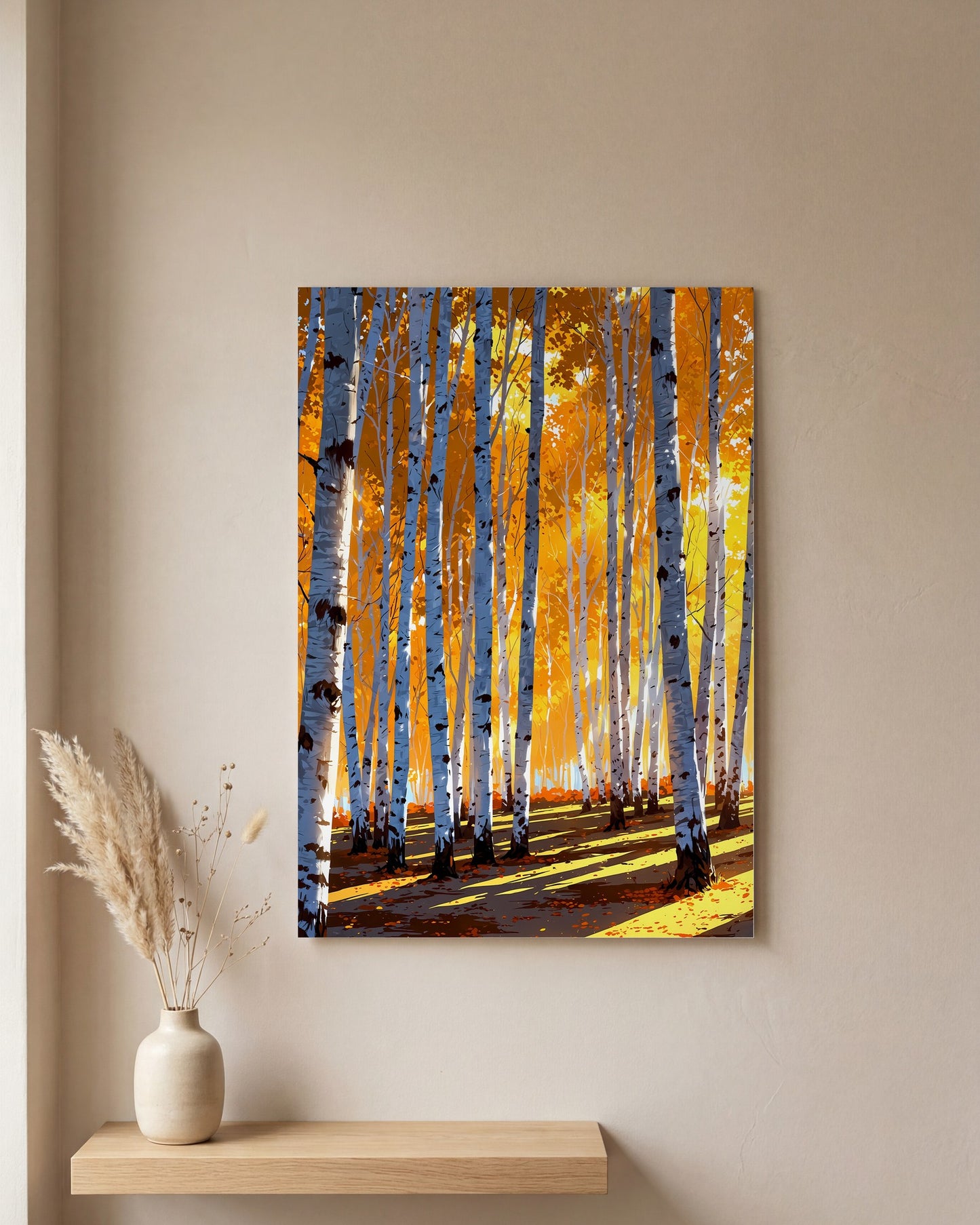 Affiche Forêt de bouleaux en automne, mockup sur un mur epure, Muchimura