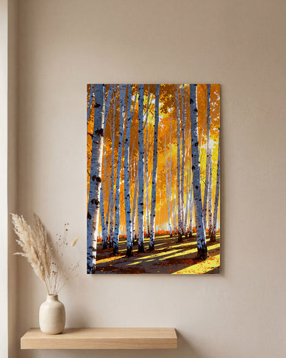 Affiche Forêt de bouleaux en automne, mockup sur un mur epure, Muchimura