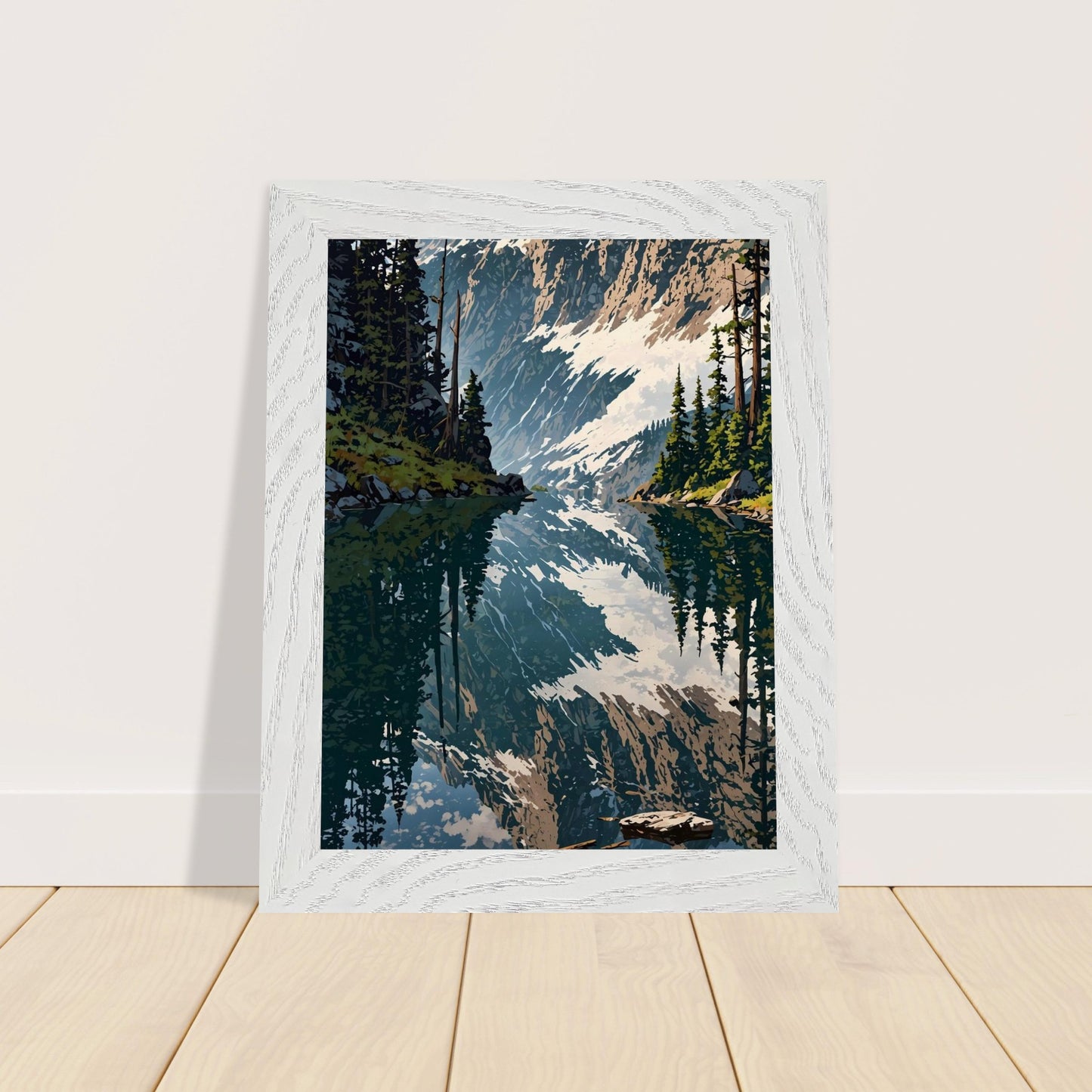 Affiche Forêt de pins et lac de montagne Encadrée, cadre blanc 15x20 cm