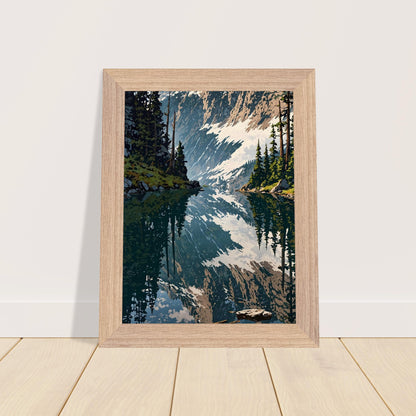 Affiche Forêt de pins et lac de montagne Encadrée, cadre bois 15x20 cm