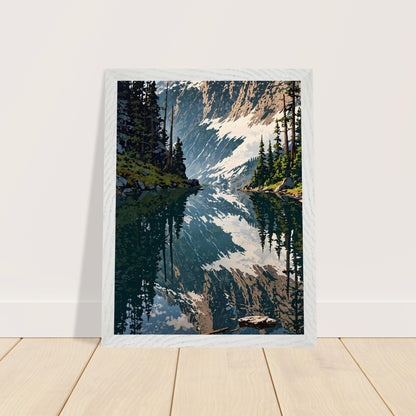 Affiche Forêt de pins et lac de montagne Encadrée, cadre blanc 30x40 cm