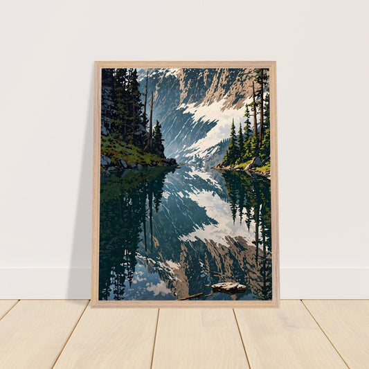 Affiche Forêt de pins et lac de montagne Encadrée, cadre bois 45x60 cm