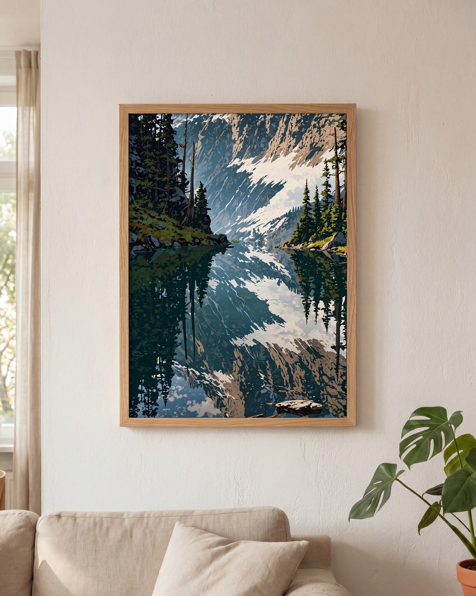 Affiche Forêt de pins et lac de montagne Encadrée, mockup en situation dans un interieur, Muchimura
