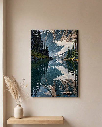 Affiche Forêt de Pins et Lac de Montagne, mockup sur un mur epure, Muchimura