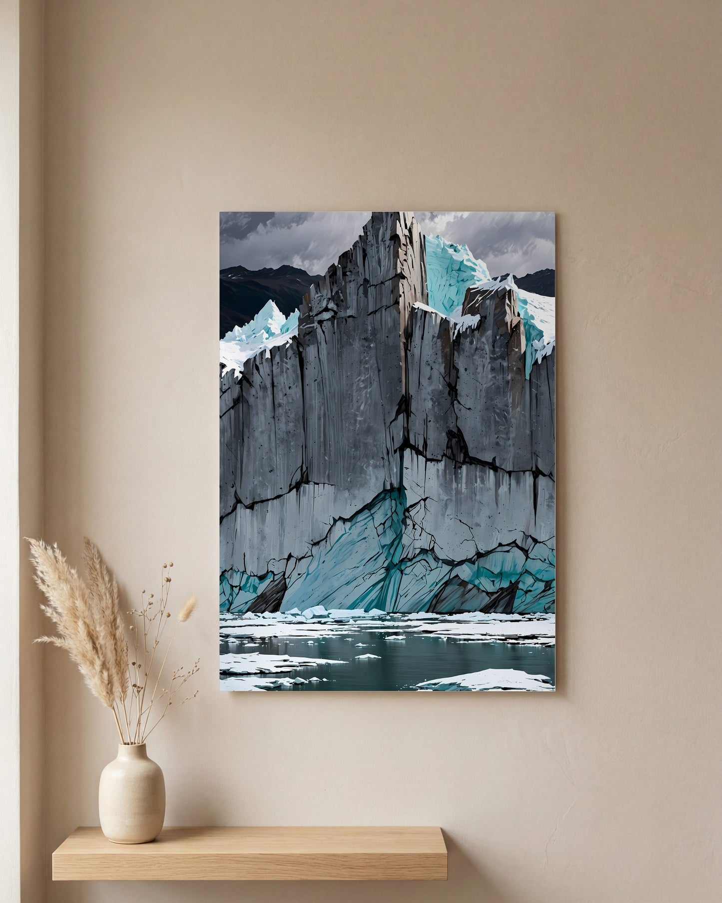 Affiche Glacier Bleu, mockup sur un mur epure, Muchimura
