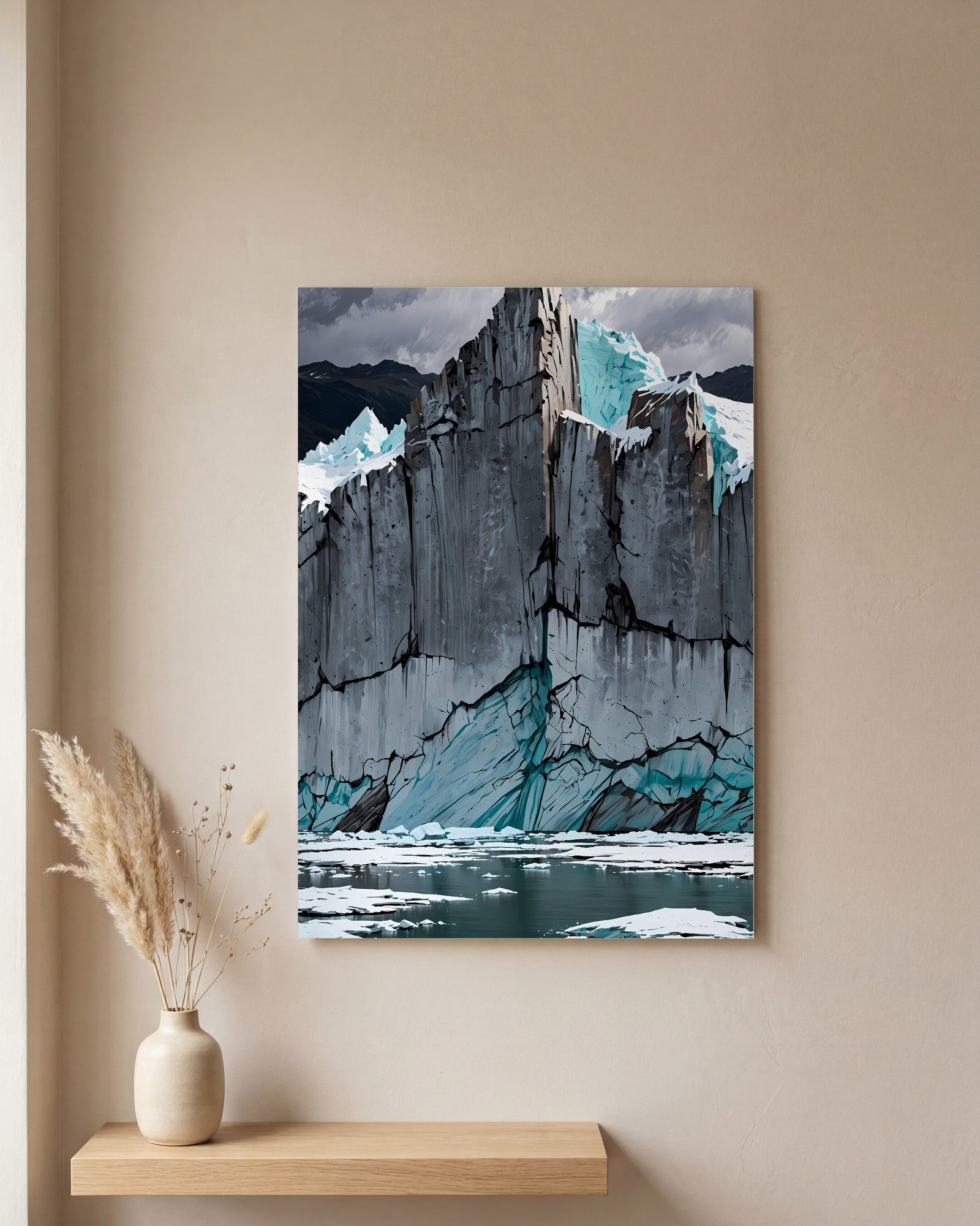 Affiche Glacier Bleu, mockup sur un mur epure, Muchimura