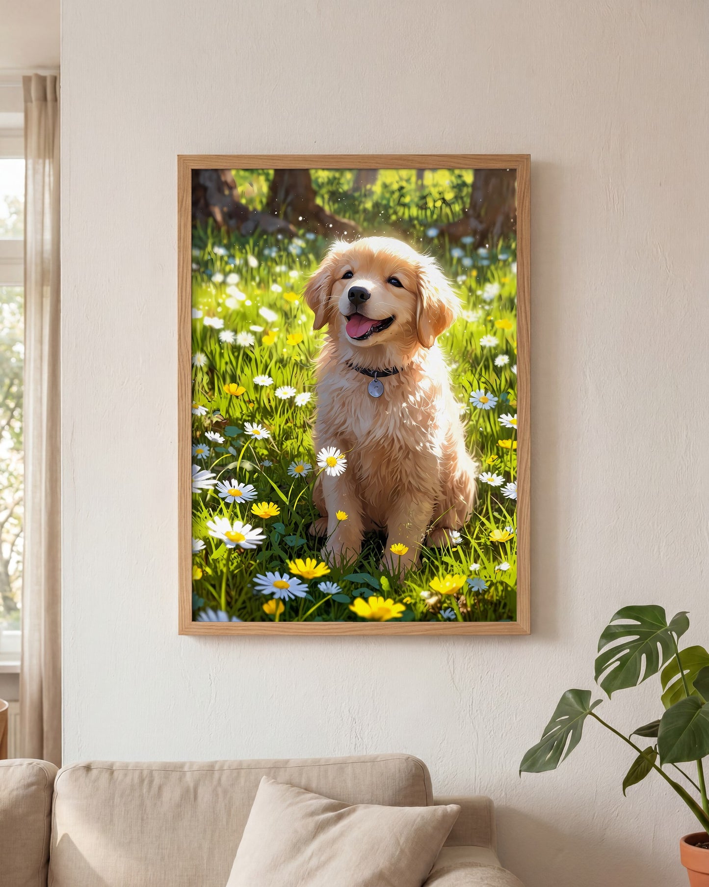 Affiche Golden retriever chiot Encadrée, mockup en situation dans un interieur, Muchimura