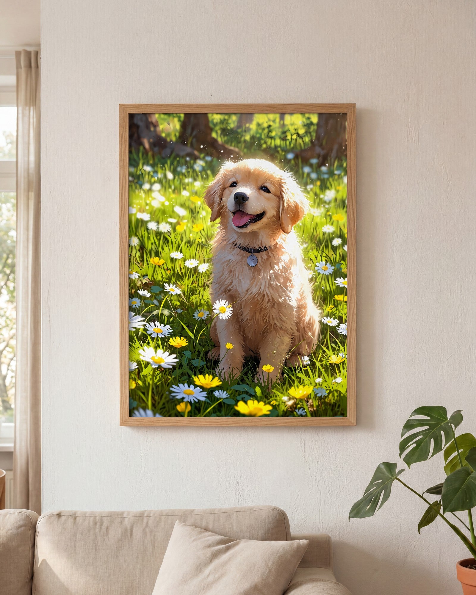 Affiche Golden retriever chiot Encadrée, mockup en situation dans un interieur, Muchimura