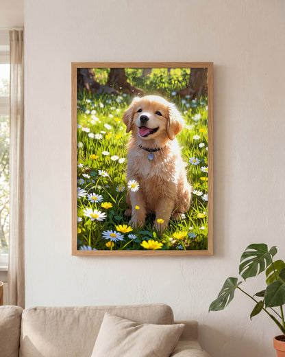 Affiche Golden retriever chiot Encadrée, mockup en situation dans un interieur, Muchimura