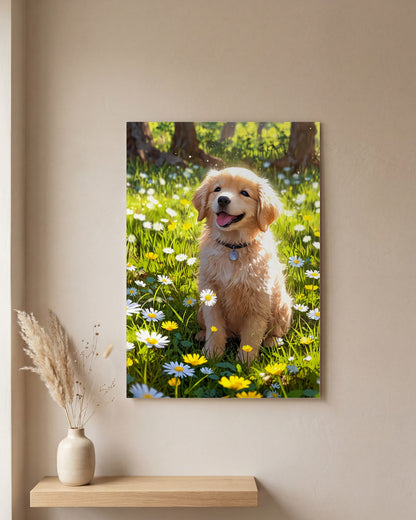 Affiche Golden Retriever Chiot, mockup sur un mur epure, Muchimura