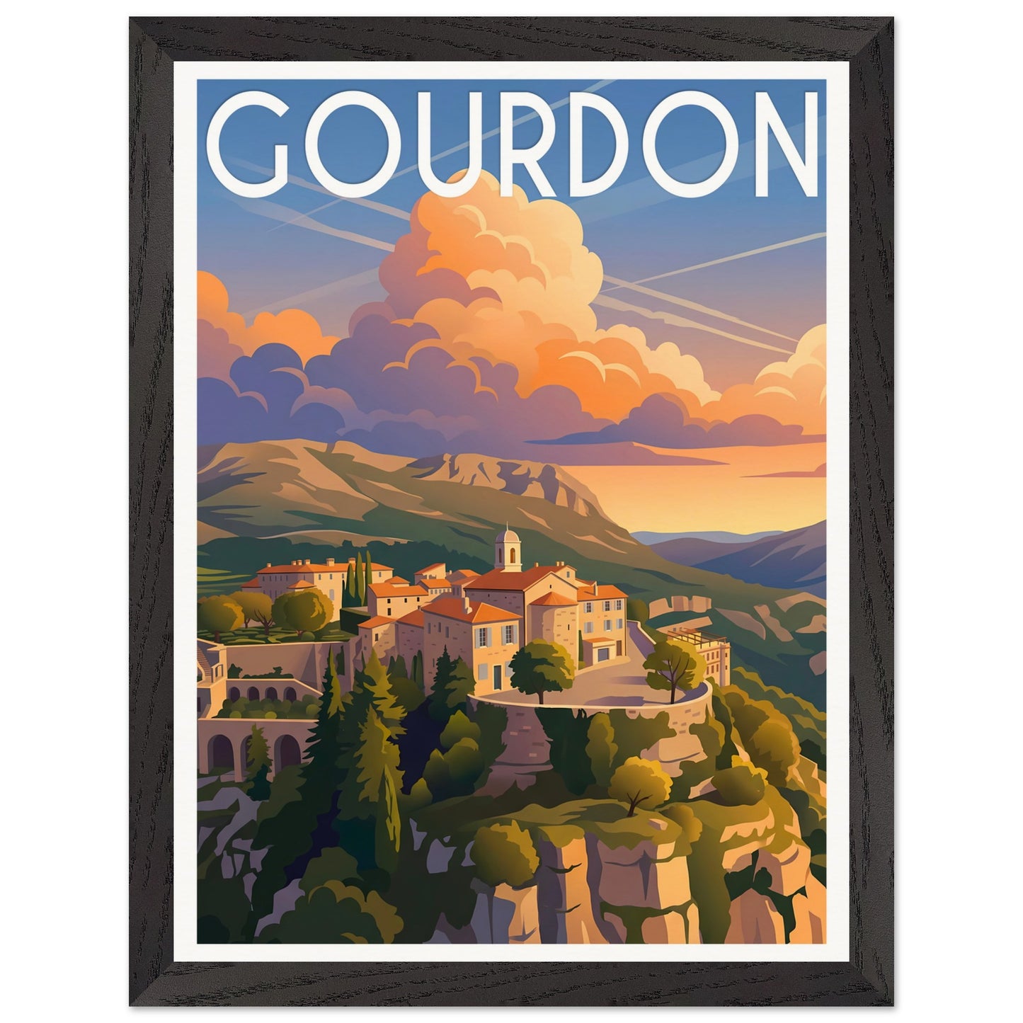 Affiche Gourdon - Encadrée, cadre noir 30x40 cm