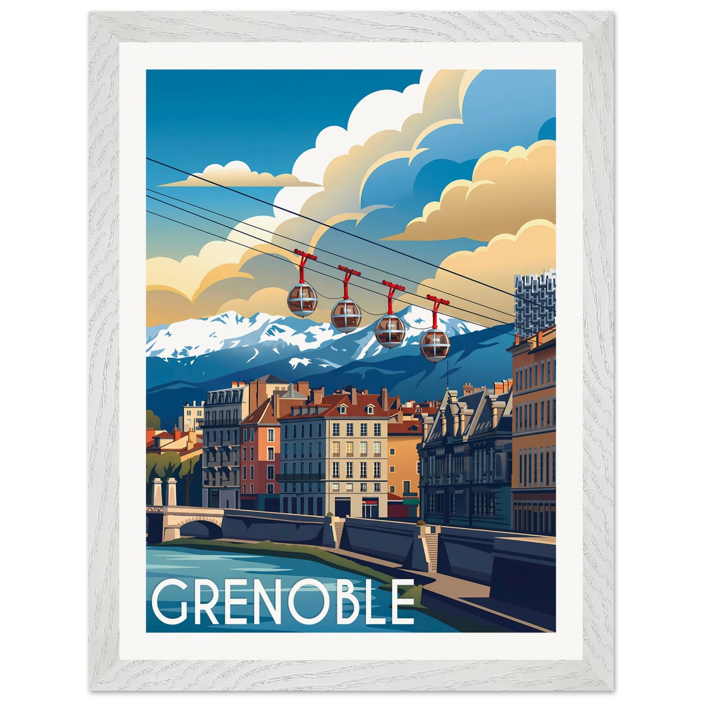 Affiche Grenoble - Encadrée, cadre blanc 30x40 cm