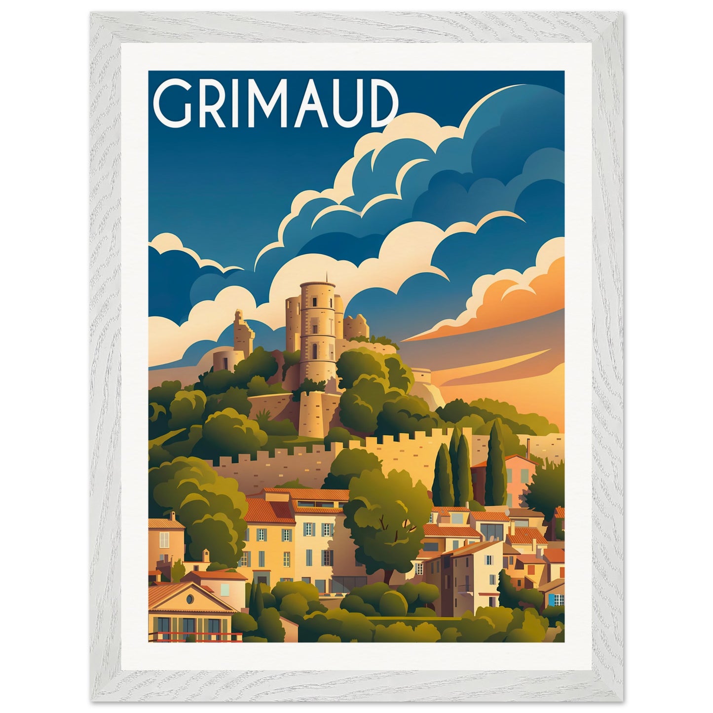 Affiche Grimaud - Encadrée, cadre blanc 30x40 cm