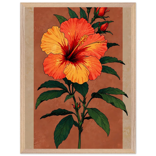 Affiche Hibiscus rouge tropical Encadrée, cadre bois 45x60 cm