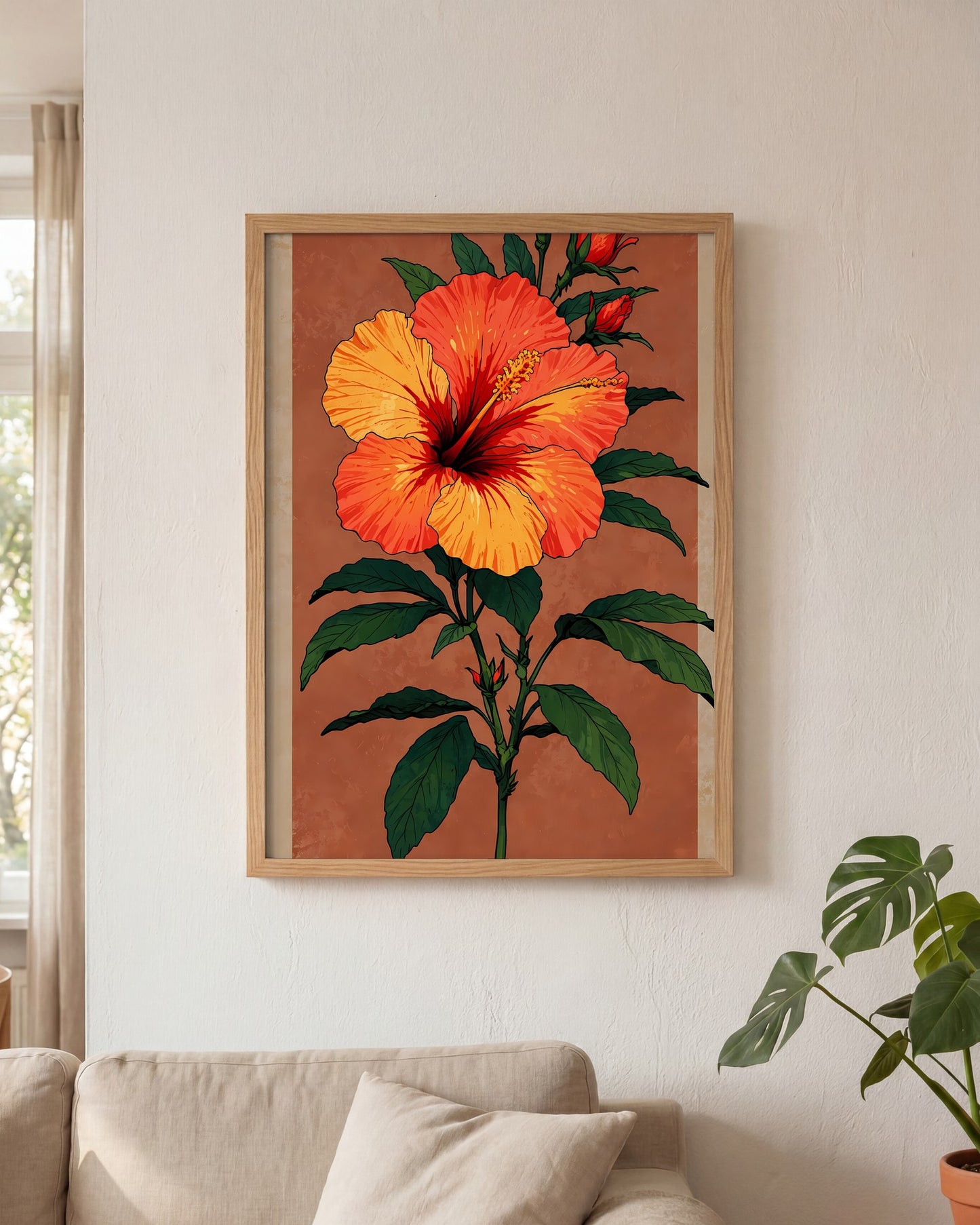 Affiche Hibiscus rouge tropical Encadrée, mockup en situation dans un interieur, Muchimura