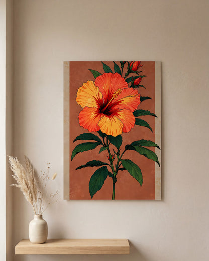 Affiche Hibiscus Rouge Tropical, mockup sur un mur epure, Muchimura