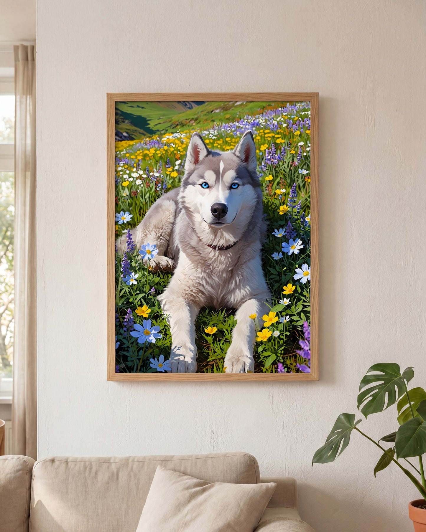 Affiche Husky sibérien Encadrée, mockup en situation dans un interieur, Muchimura