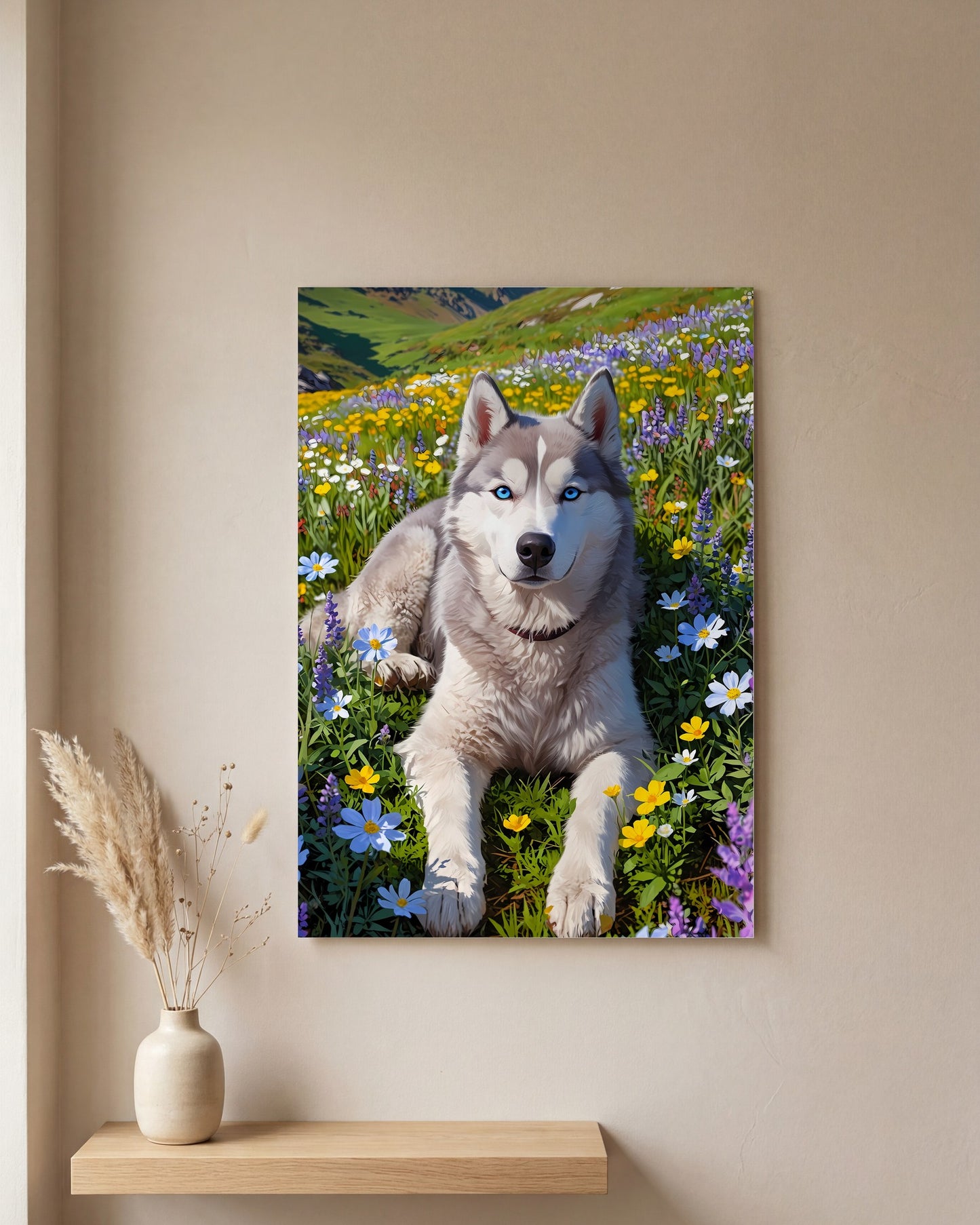 Affiche Husky Sibérien, mockup sur un mur epure, Muchimura