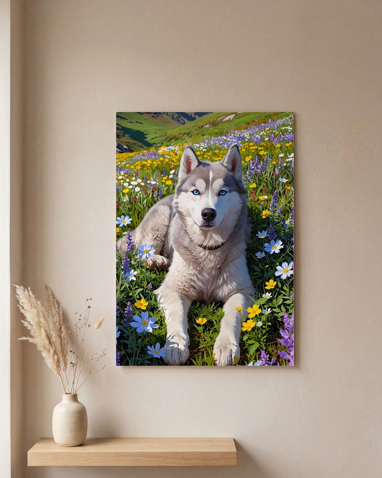 Affiche Husky Sibérien, mockup sur un mur epure, Muchimura