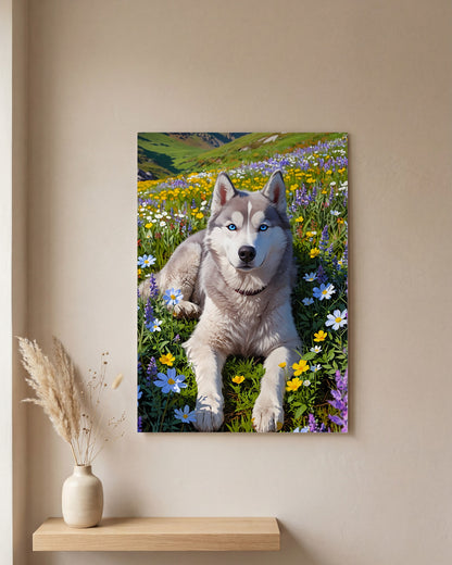 Affiche Husky Sibérien, mockup sur un mur epure, Muchimura