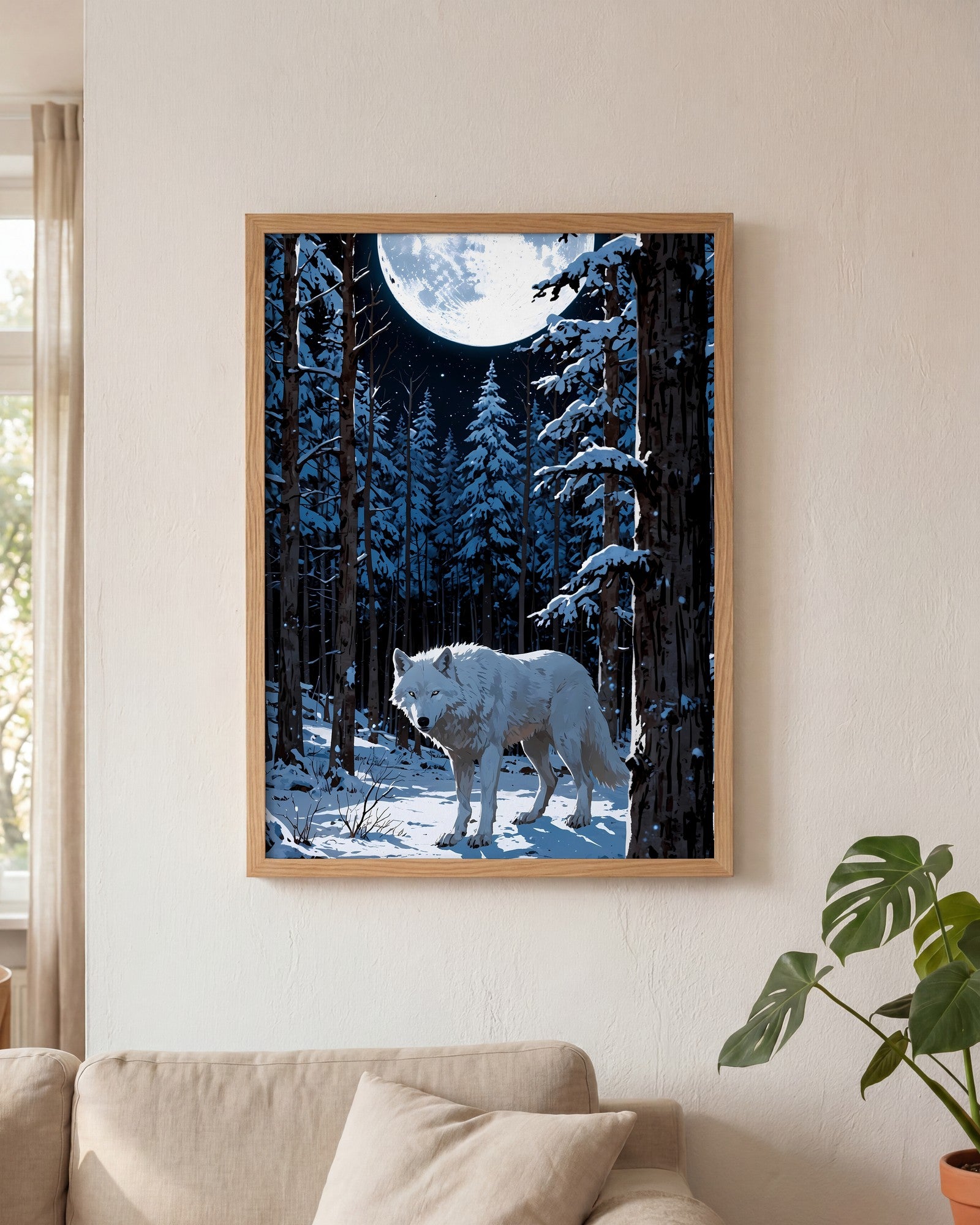 Affiche Louve blanche Encadrée, mockup en situation dans un interieur, Muchimura