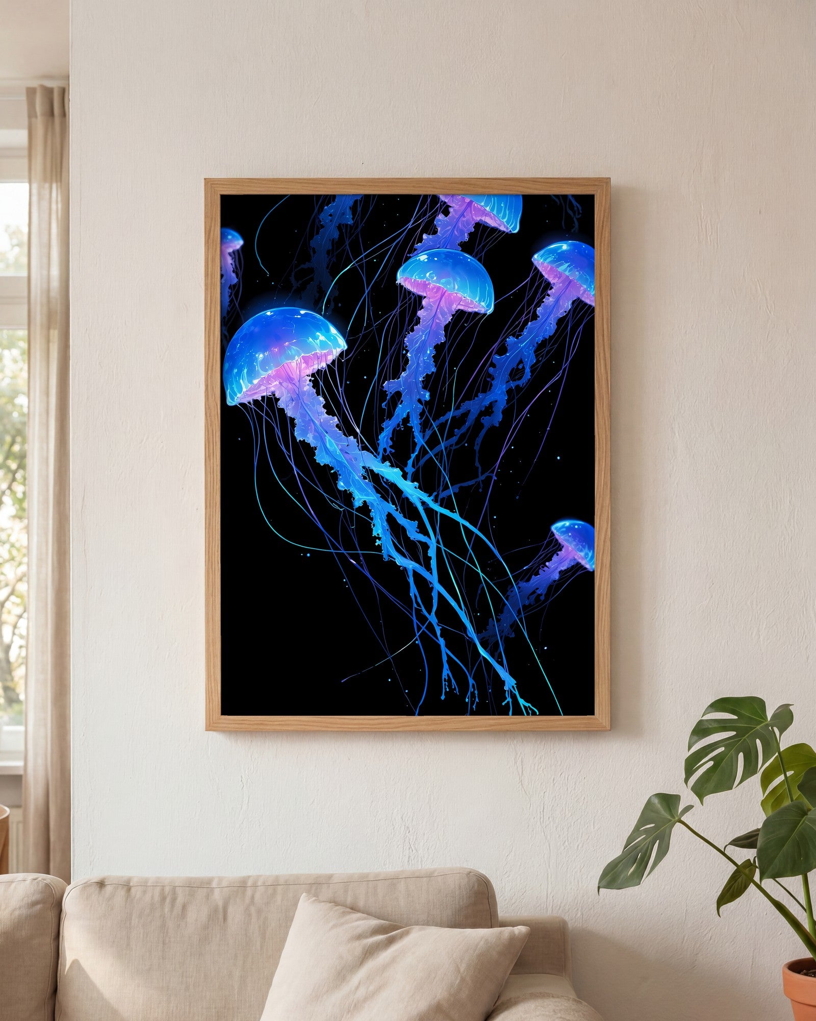 Affiche Méduse lumineuse Encadrée, mockup en situation dans un interieur, Muchimura