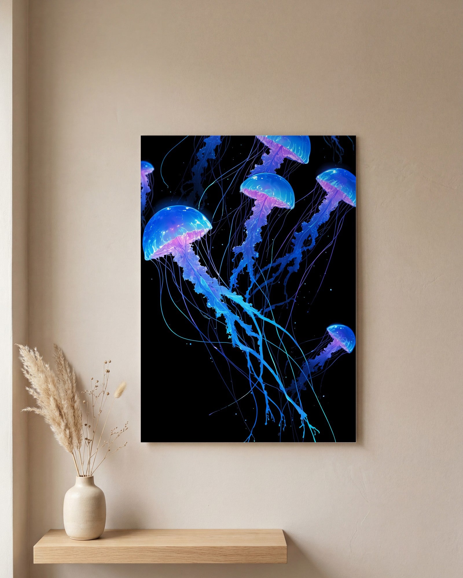 Affiche Méduse Lumineuse, mockup sur un mur epure, Muchimura