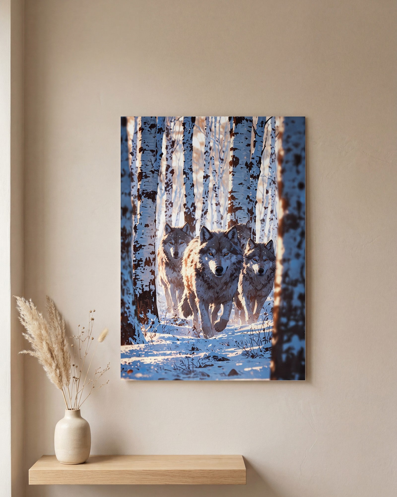 Affiche Meute de loups, mockup sur un mur epure, Muchimura